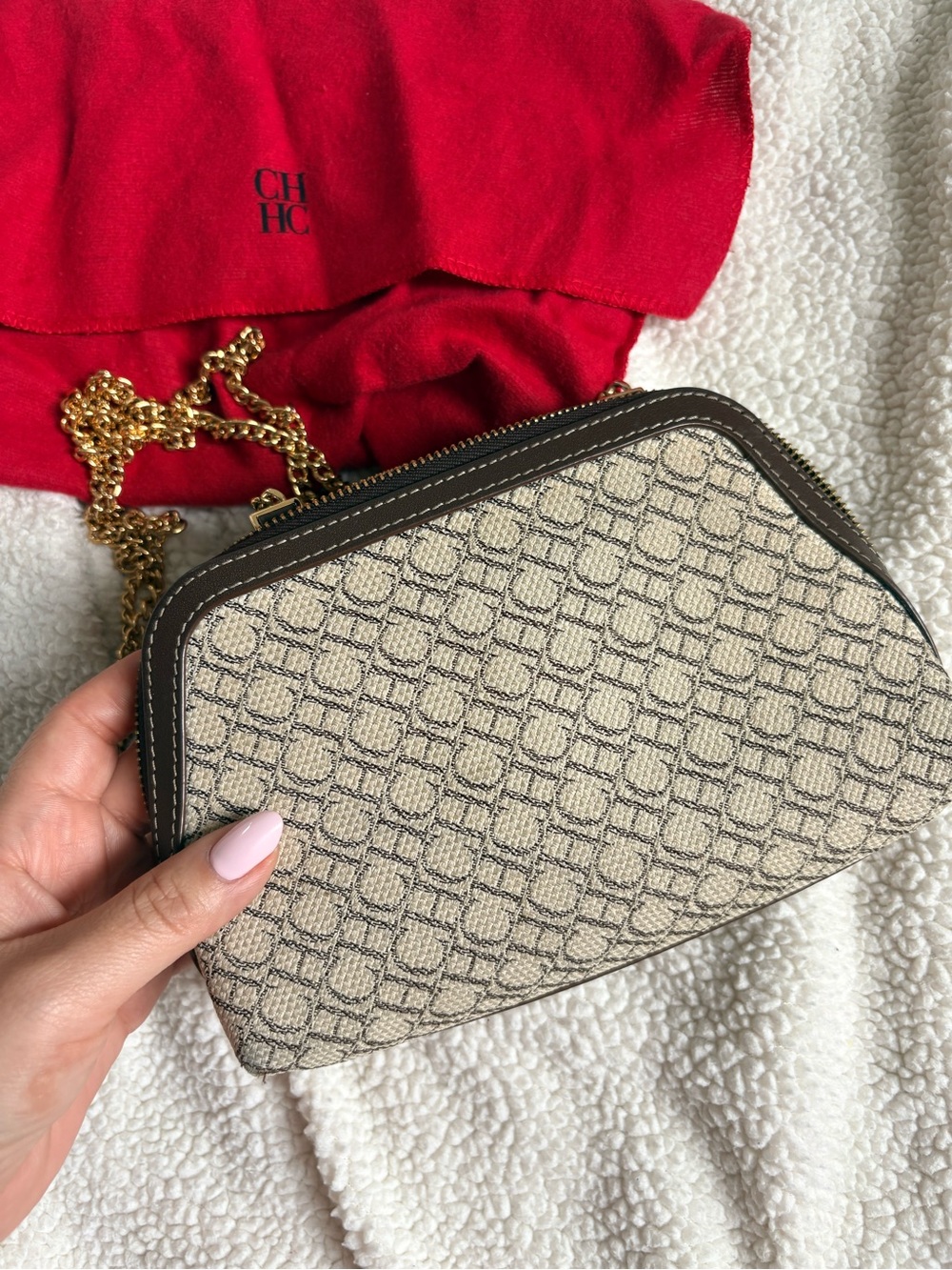 Carolina Herrera Brown Logo Mini Wristlet with Gold Hardware